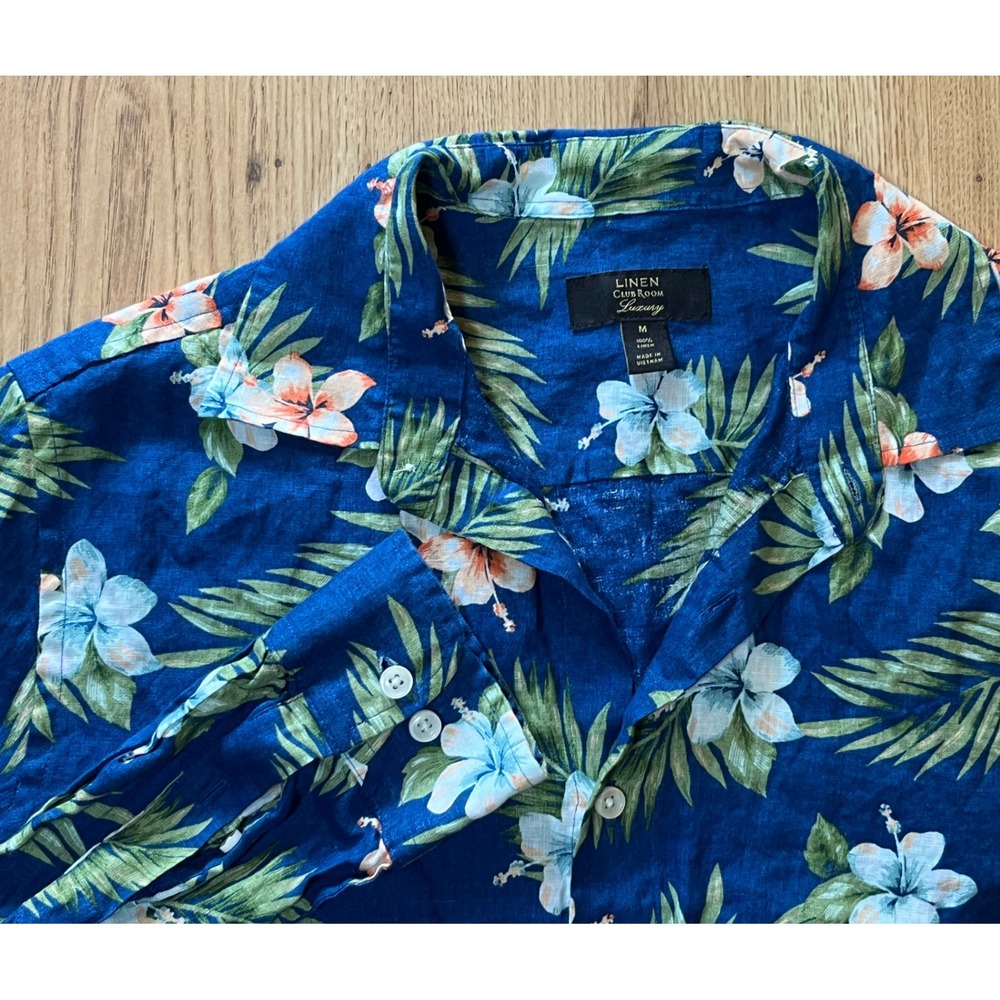 Club Room Linen Luxury Shirt Mens M Blue Floral Tropical Button Down Long Sleeve - Picture 3 of 8